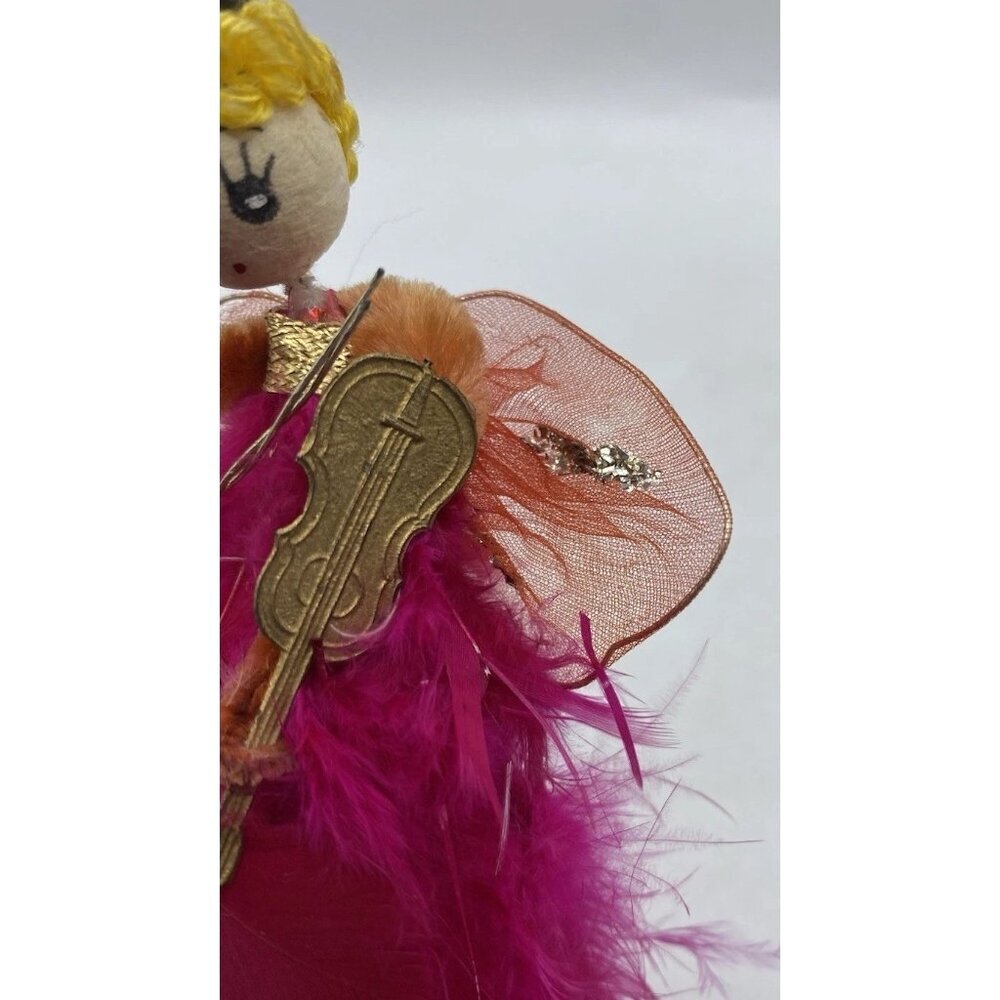 Vintage Feather Angel Hot Pink Christmas Holiday 5 " Cardboard Violin Kitsch MCM - Picture 9 of 16